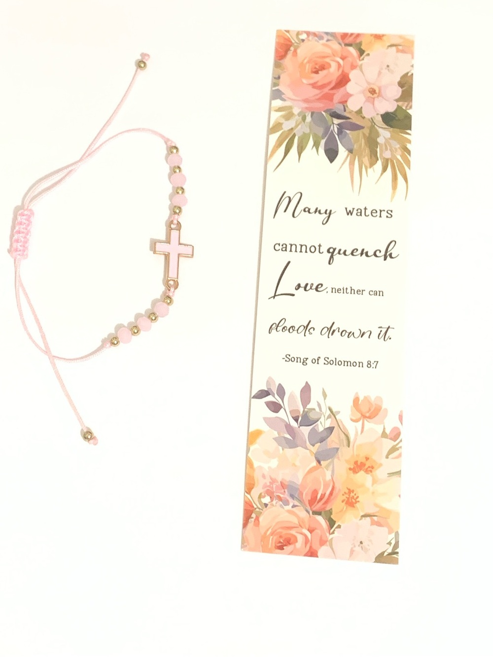 New Pink Cross Beaded Bracelet and Floral Bookmark Set